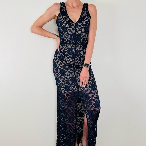 New Belle Badgley Mischka Dress navy Blue Lace Overlay Maxi Evening - Picture 3 of 10